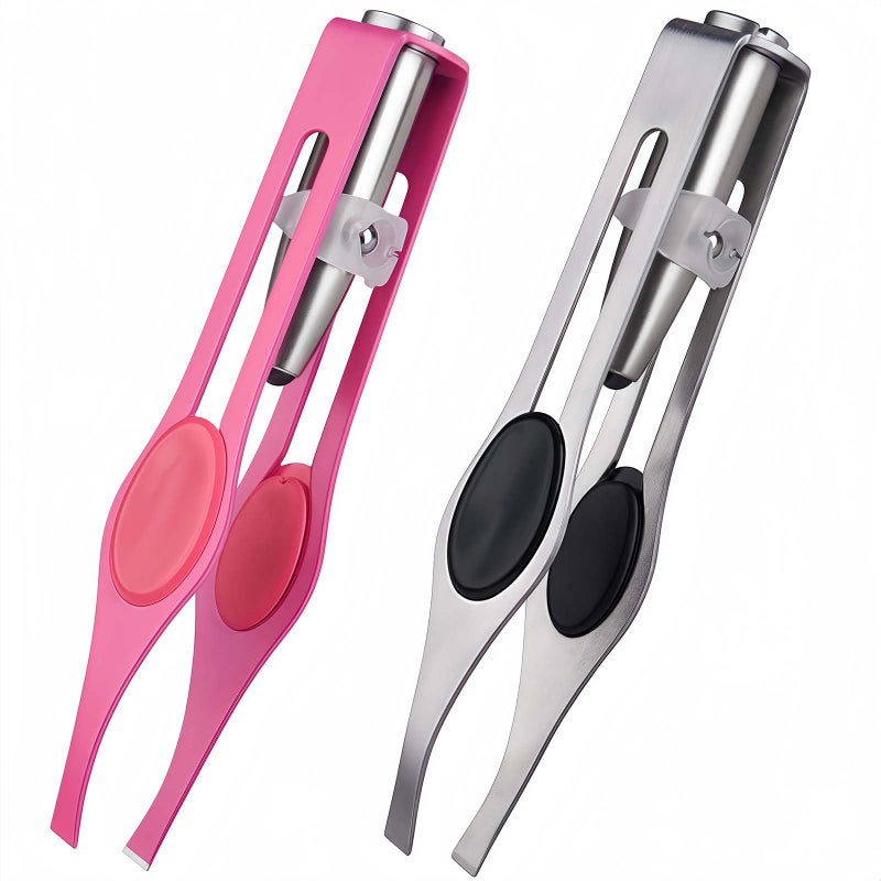 2pcs Tweezers with Led Light - Premium Stainless Steel Facial Hair Removal for Women & Men, Slanted Design for Smooth Results, Elegant Primary Color & Blue Options â€“ Perfect for Makeup Prep